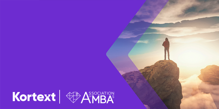 Purple chevron design to the left with person on mountain to the right with the Kortext and AMBA logo in the lower left.
