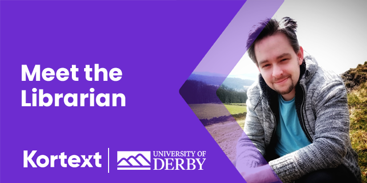 Purple background with image of Adam Robinson, Kortext logo, University of Derby logo.