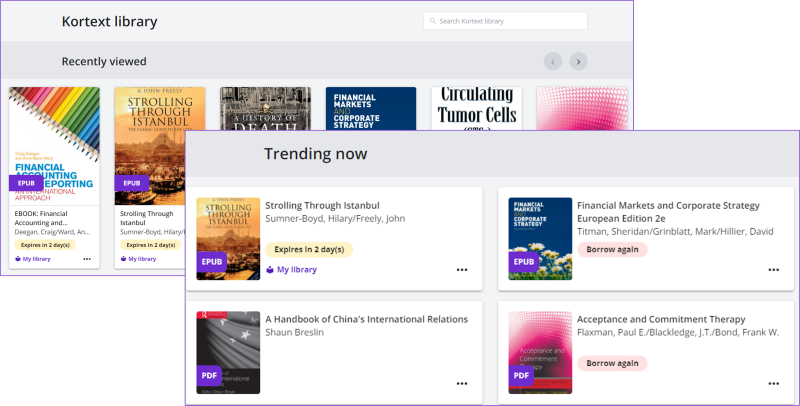 Screen showing Recent and Trending eBooks to improve student experience finding content